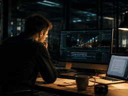 Person working late at a desk with multiple screens, papers, and a coffee cup