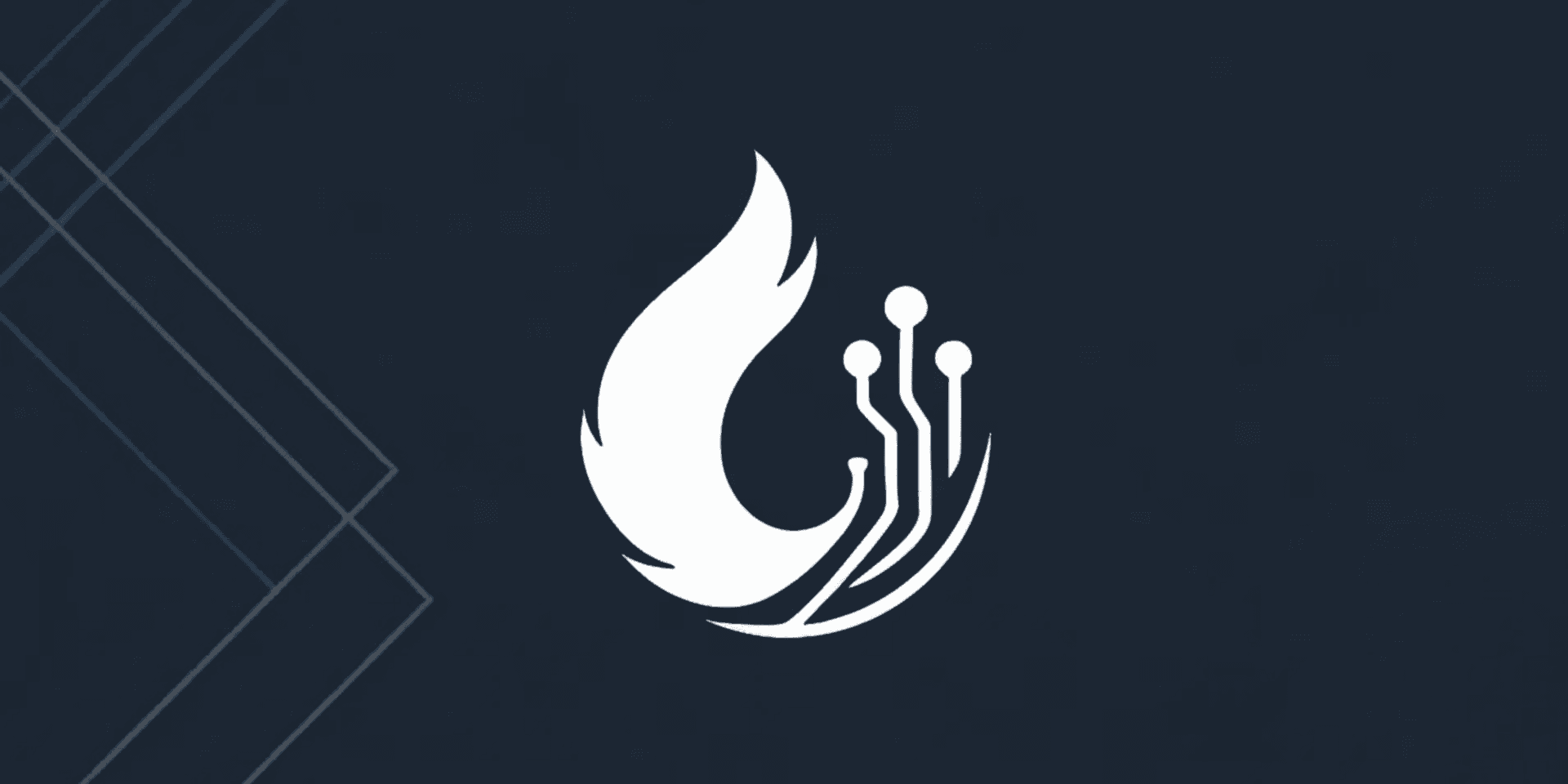 Stylized logo featuring a flame and circuit pattern on a dark background
